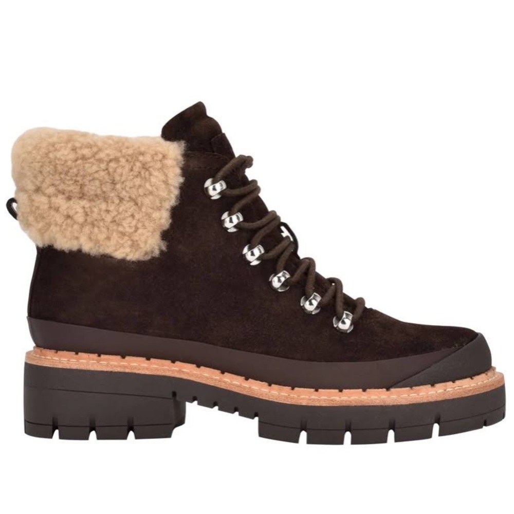 Marc Fisher LTD Cade Genuine Shearling Cuff Lace-up Combat Boots Dark Brown NWT